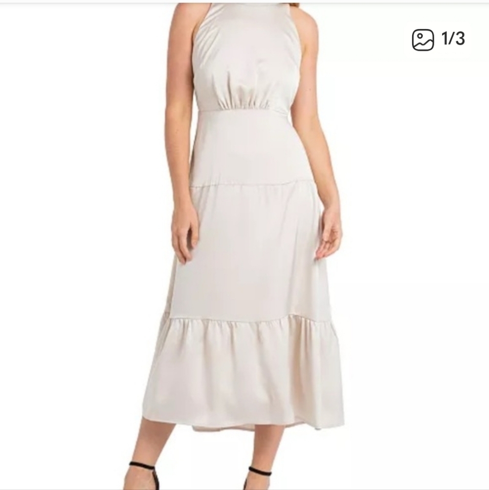 Sam Edelman Women’s Satin Dress Sz 2 High Neck Champagne Midi Tiered NWT Party